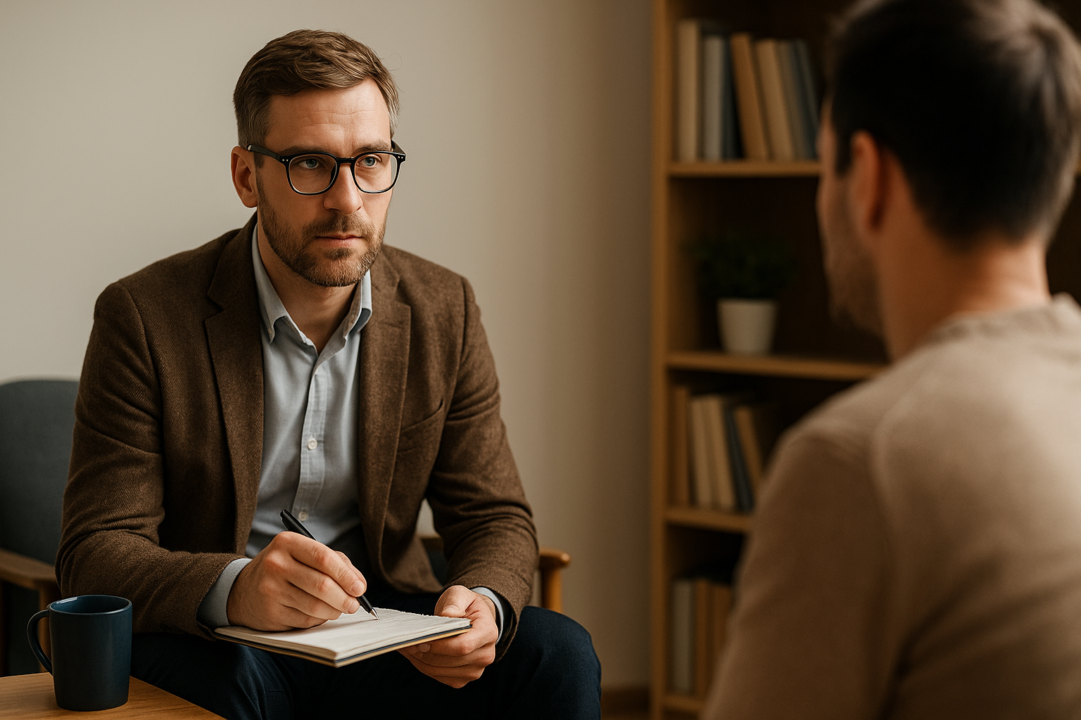 Psychotraumatologia — terapeuta prowadzi rozmowę z klientem w spokojnym gabinecie, notując podczas konsultacji.