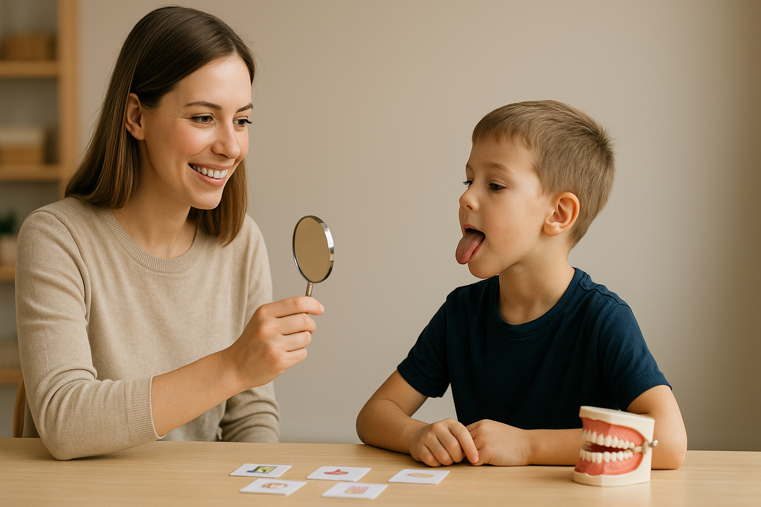 Logopedia terapeutyczna — logopedka prowadzi ćwiczenia artykulacyjne z chłopcem przy lustrze; karty obrazkowe i model szczęki; Instytut Studiów Podyplomowych w Katowicach.