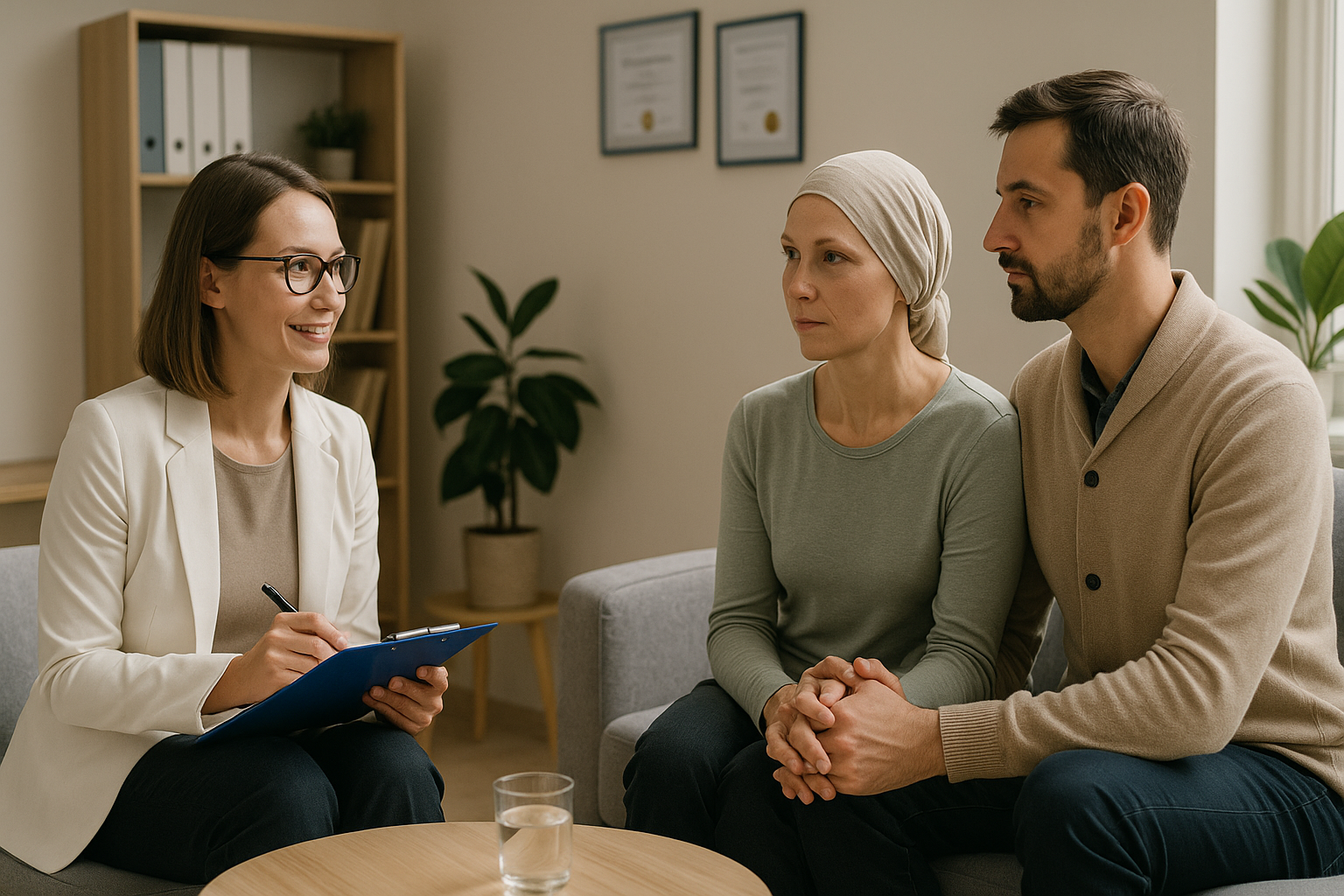 Psychoonkologia — studia podyplomowe; konsultacja lekarska z pacjentką onkologiczną i jej partnerem w jasnym gabinecie — Instytut Studiów Podyplomowych Katowice.