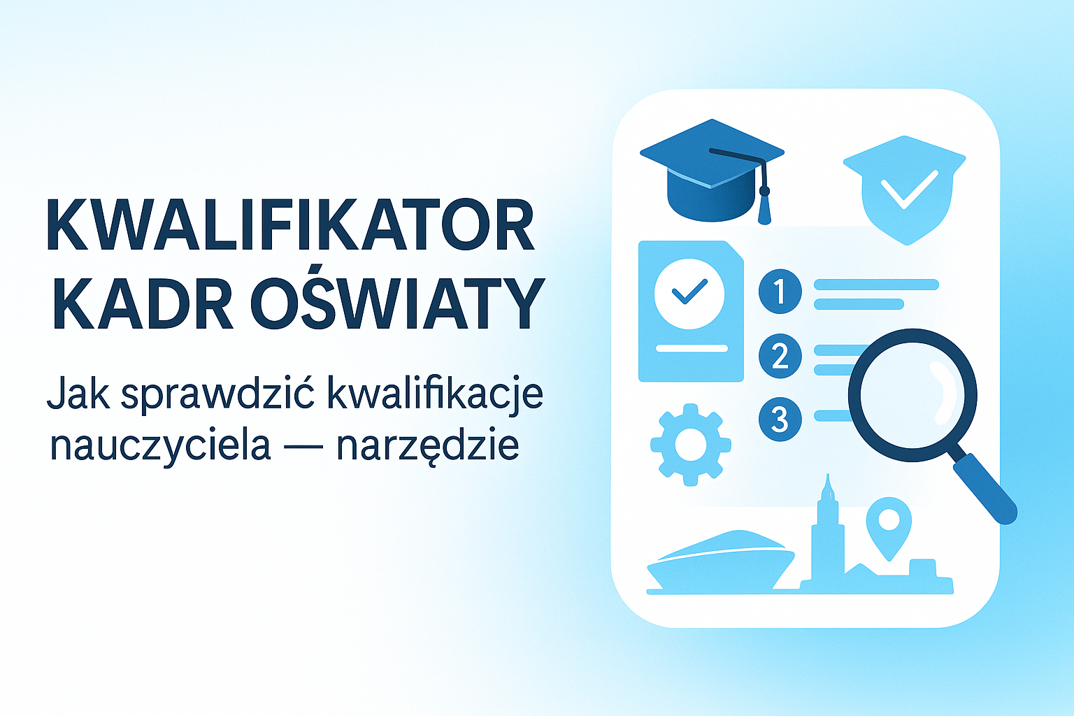 Kwalifikator Kadr Oświaty — jak sprawdzić kwalifikacje nauczyciela; ilustracja narzędzia online (lupa, czapka, lista 1–3)